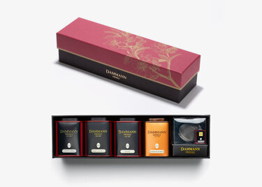 "EXQUIS" gift set - 3 assorted teas 1 rooibos and 1 infuser in a pink gift box